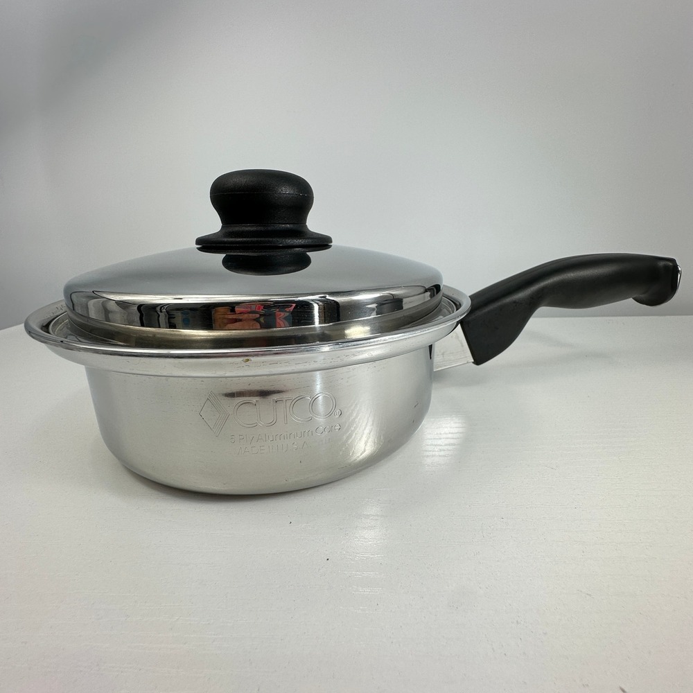 Cutco 2 QT 5 Ply Aluminum Core Stainless Saucepan with Lid  USA Silver Black 7in